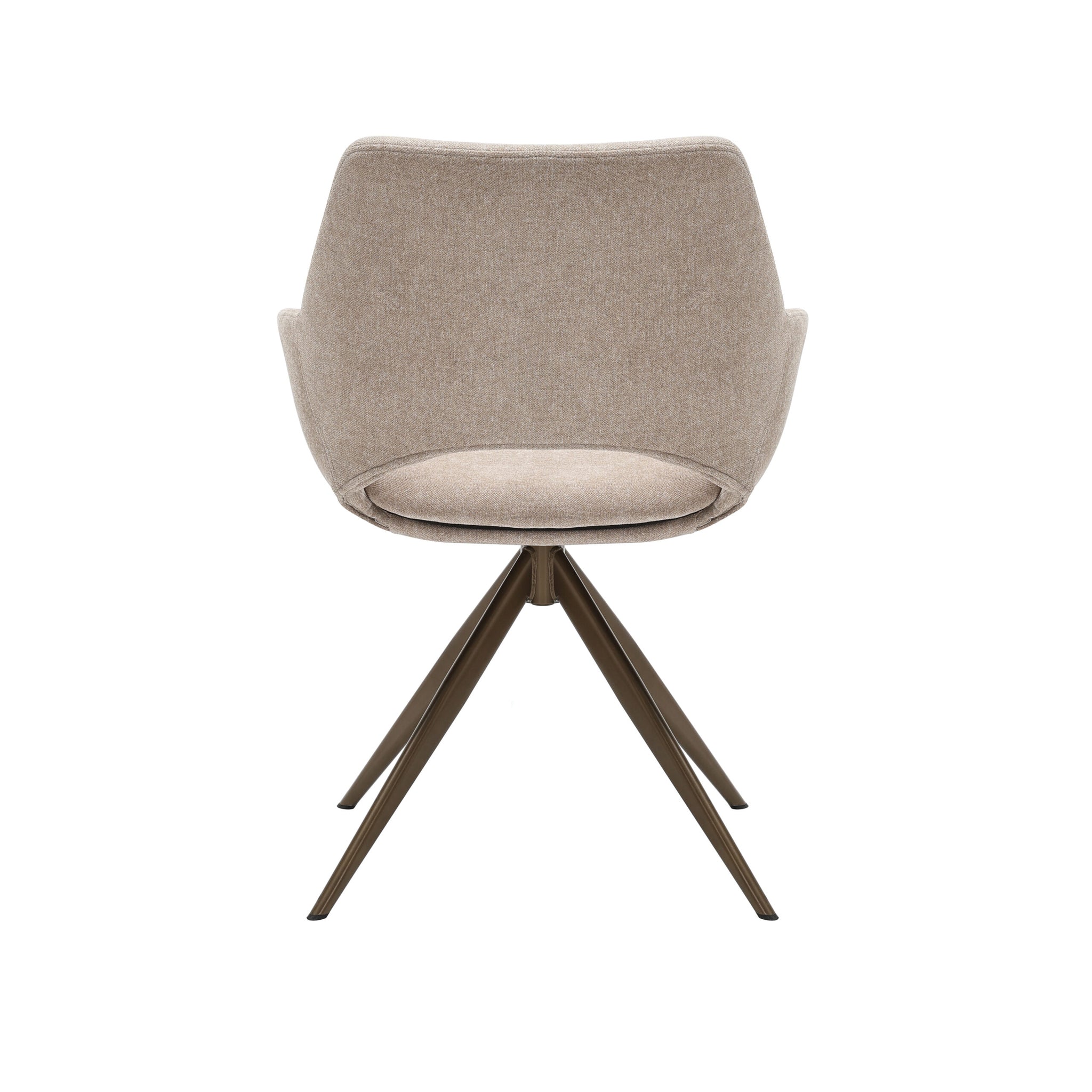 Achteraanzicht van eetkamerstoel Daisy in beige stof met metalen draaipoot
