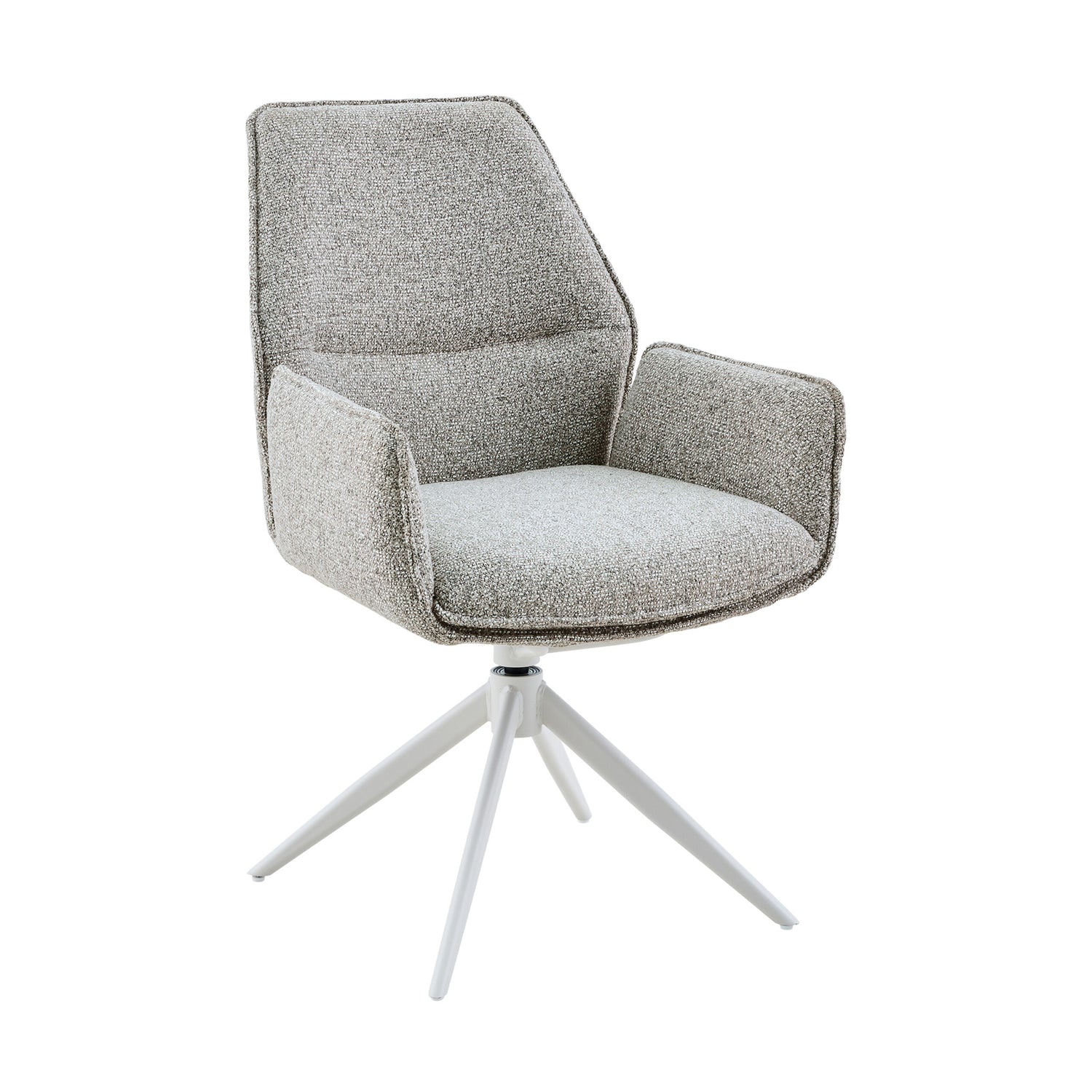 Beige armstoel Hera van Starfurn met wit metalen sterpoot, schuin van voren