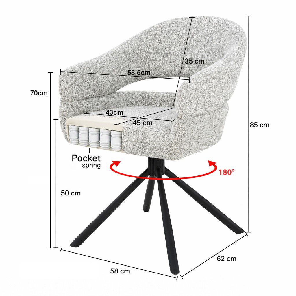Afmetingen Eetkamerstoel Linn Bisque Oasis Set van 2: B58cm x D62cm x H85cm per stoel
