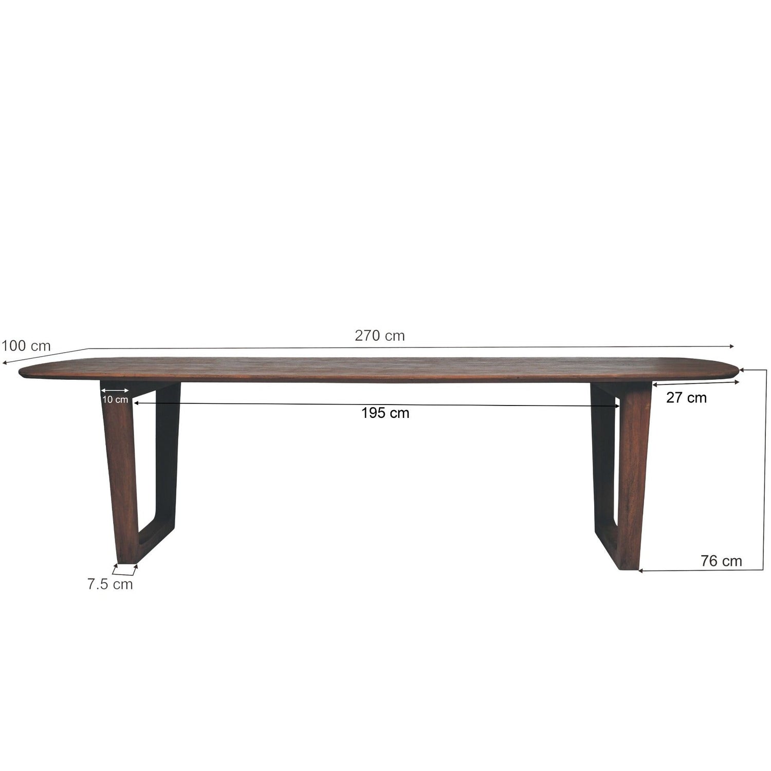 Maatschets van de Cortez eettafel met afmetingen 270 bij 100 bij 76 cm