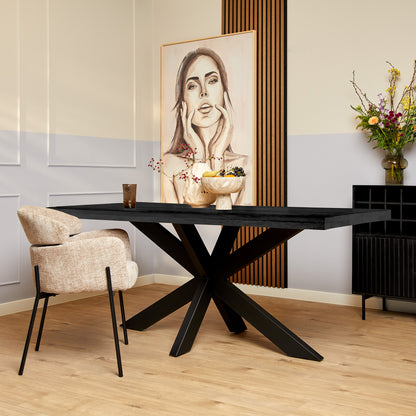 Eettafel Denver Mangohout Zwart 200cm van Starfurn, rechthoekige eettafel van zwart mangohout op matrixpoot