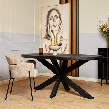 Eettafel Denver Mangohout Zwart Ovaal 180cm van Starfurn, ovale eettafel van zwart gelakt massief mangohout