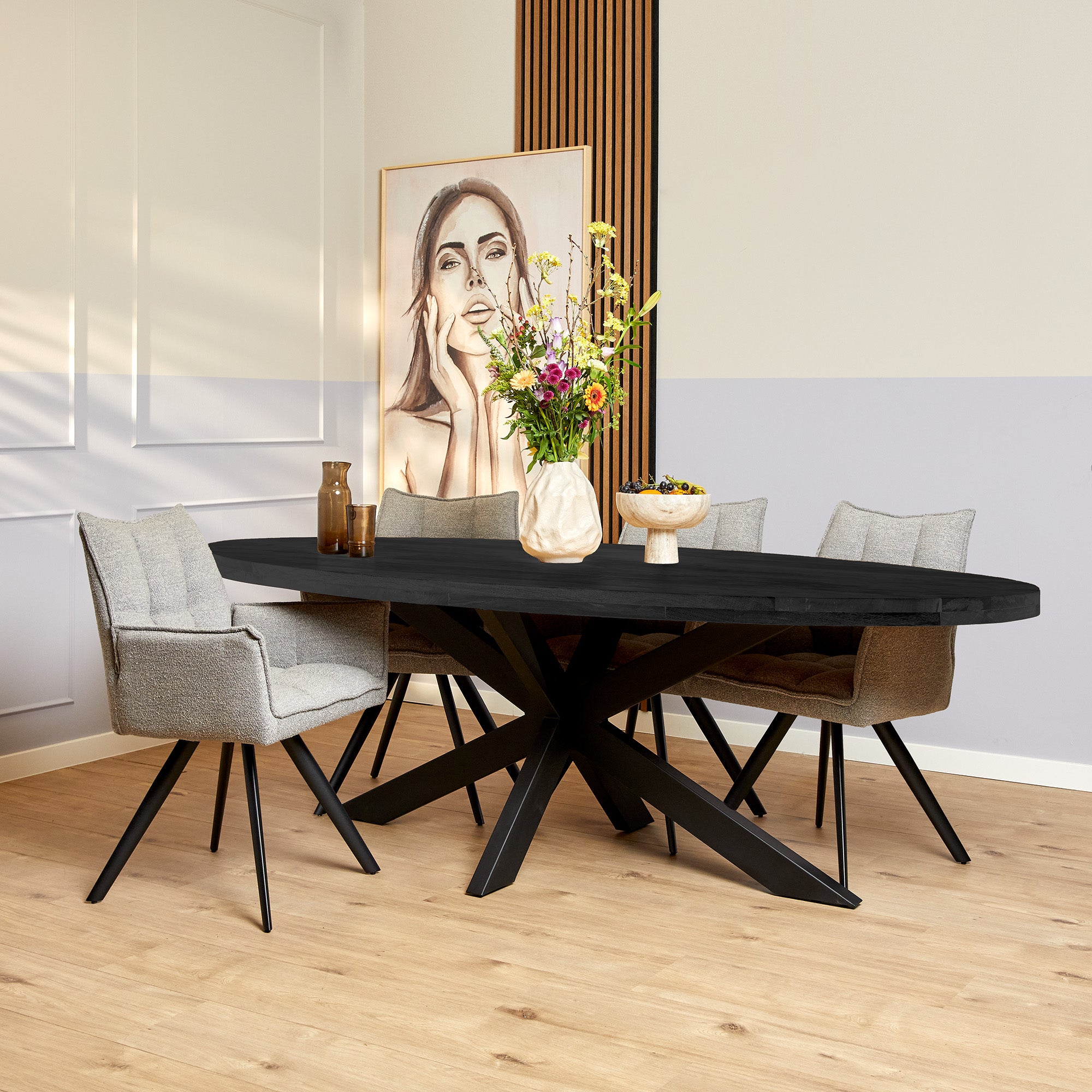 Eettafel Denver Mangohout Zwart Ovaal 210cm van Starfurn, royale ovale eettafel van zwart mangohout