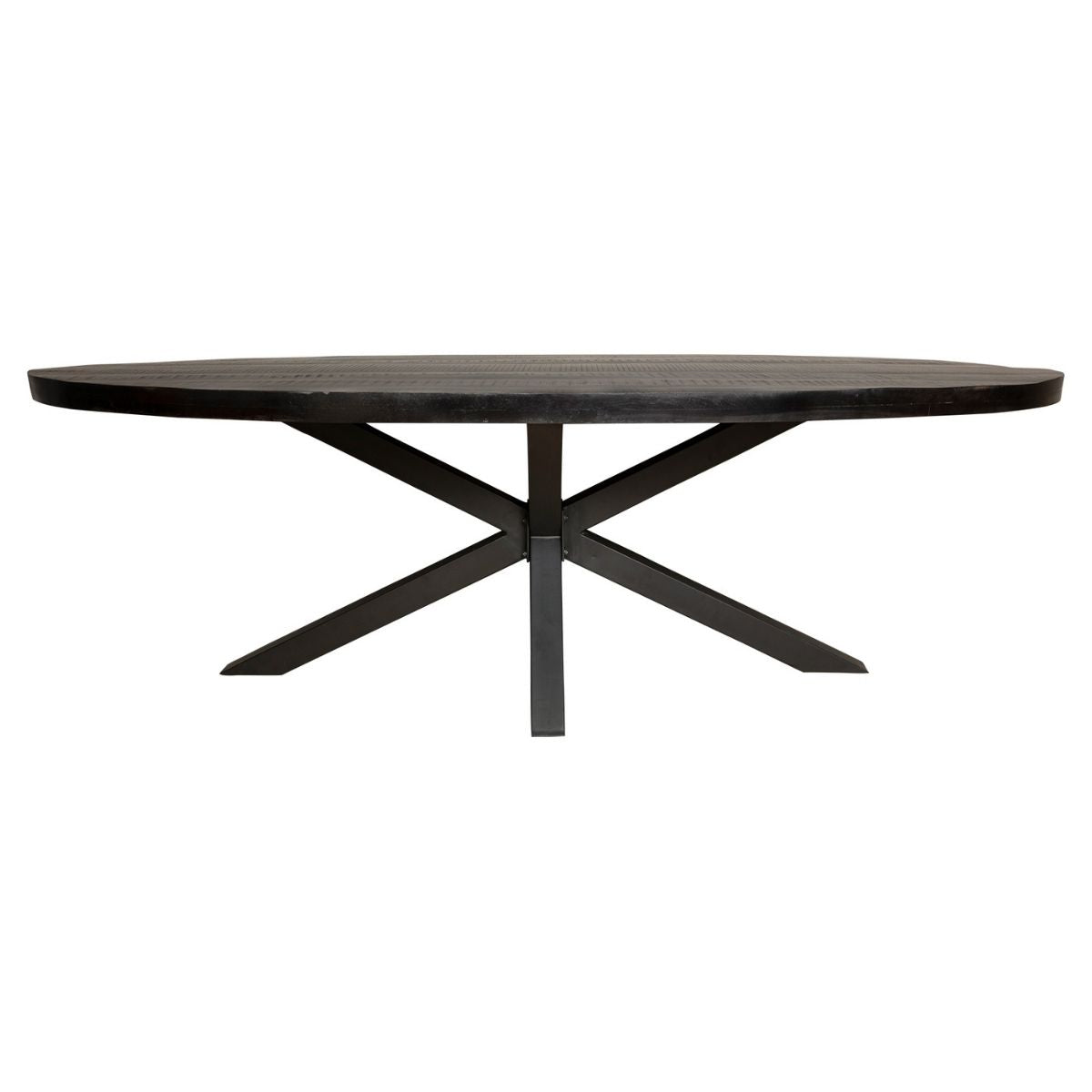 Ovale Denver eettafel 210cm van Starfurn met zwart gelakte metalen matrixpoot en mangohouten blad
