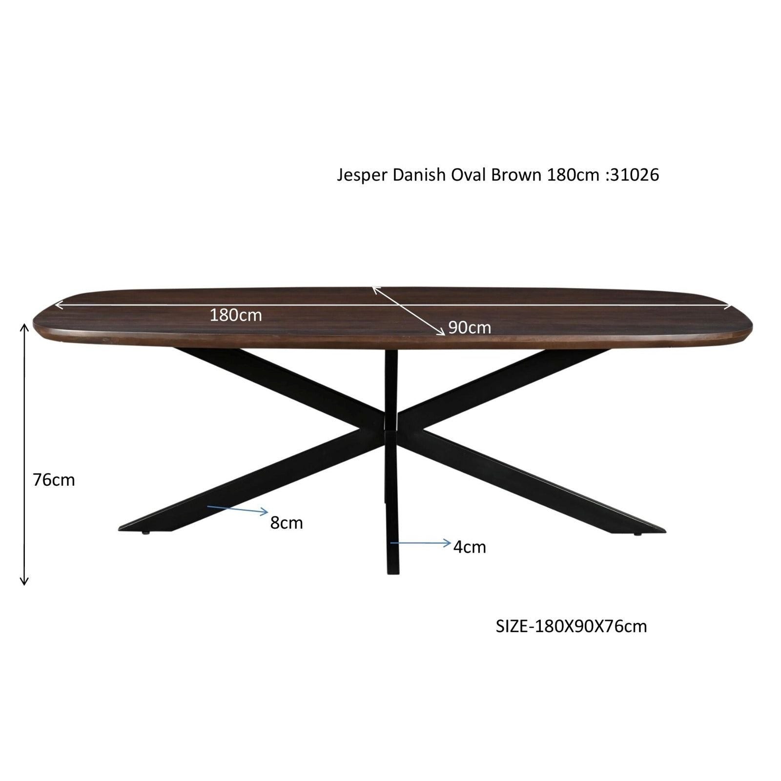 Afmetingen Eettafel Jesper 180cm: L180cm x B90cm x H76cm