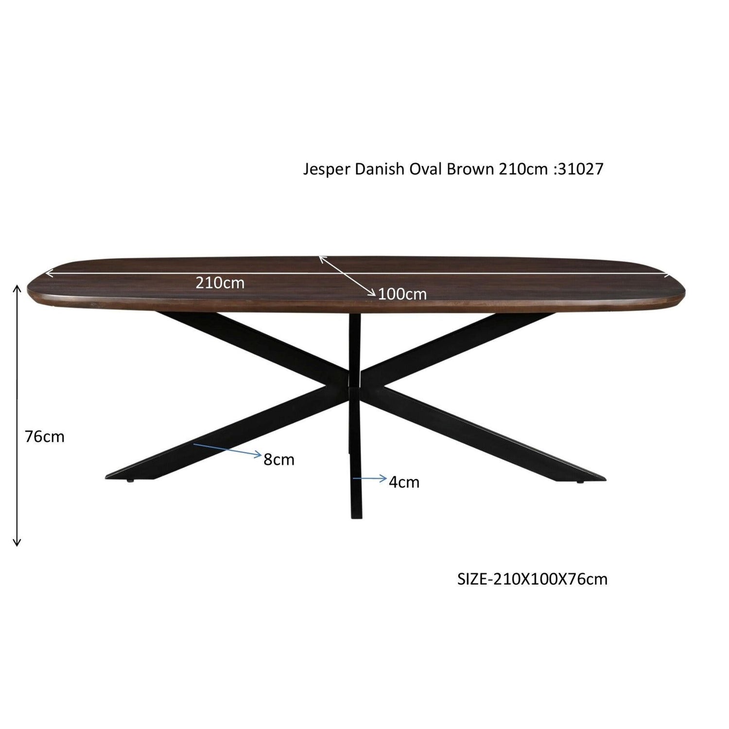 Afmetingen Eettafel Jesper 210cm: L210cm x B100cm x H76cm