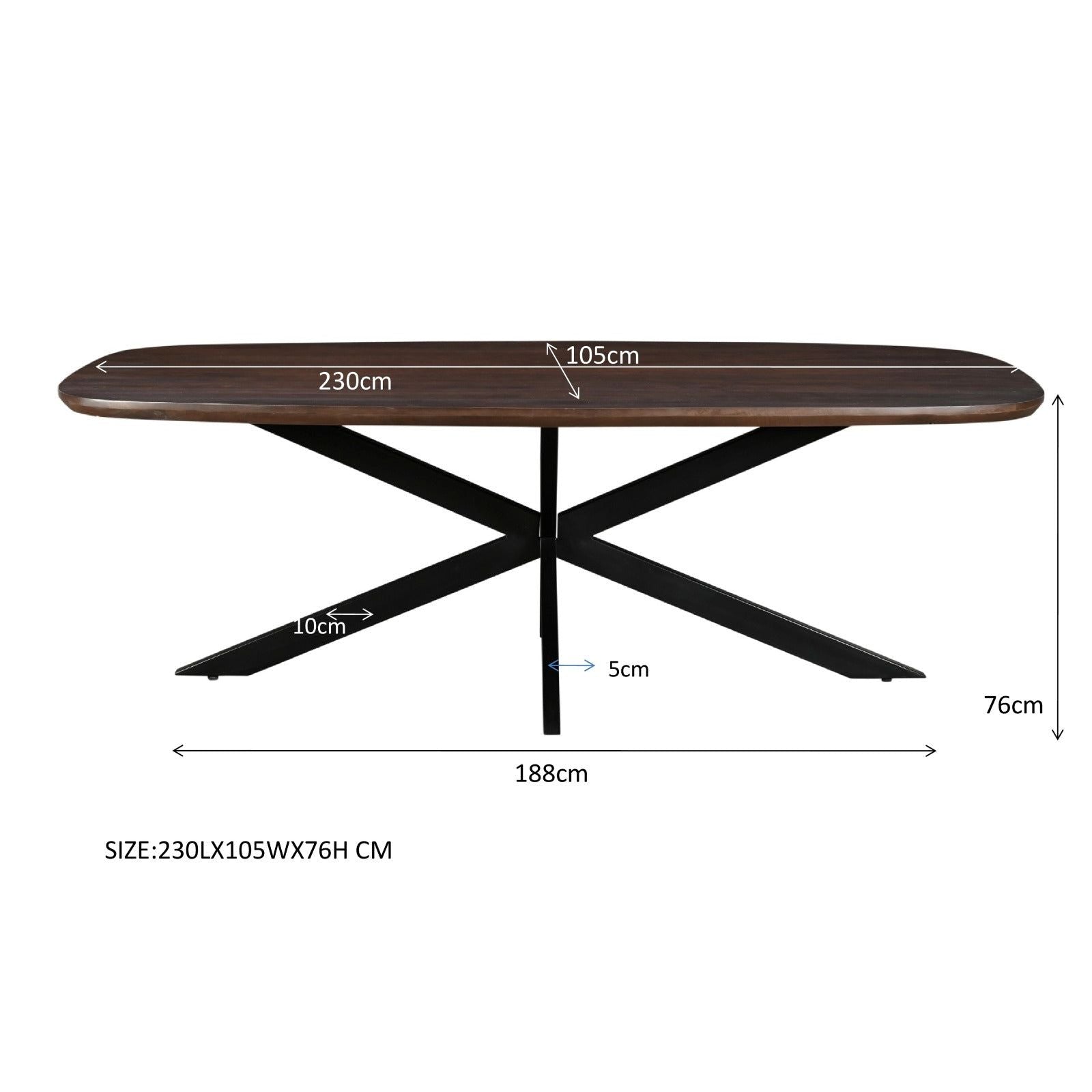 Afmetingen Eettafel Jesper 230cm: L230cm x B105cm x H76cm