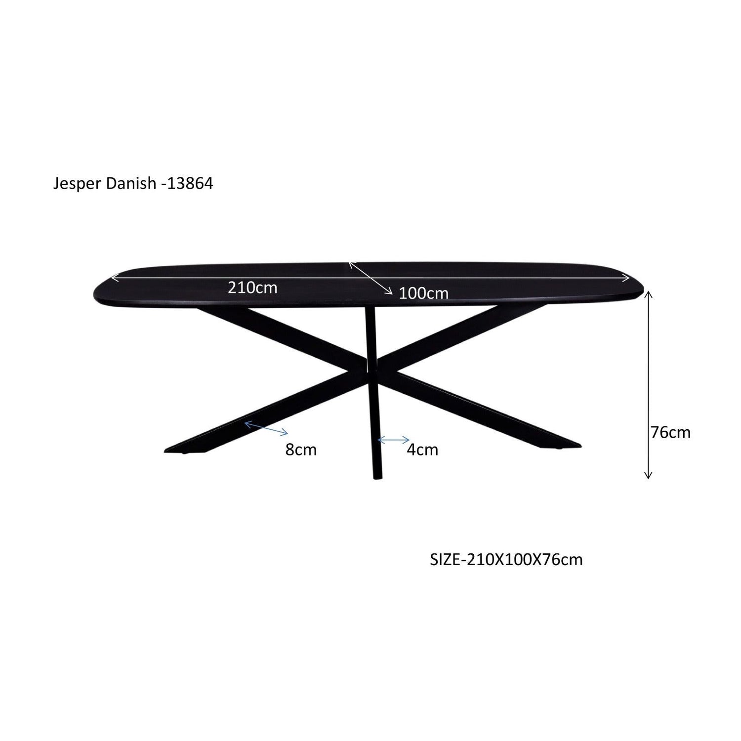Afmetingen Eettafel Jesper 210cm: L210cm x B100cm x H76cm
