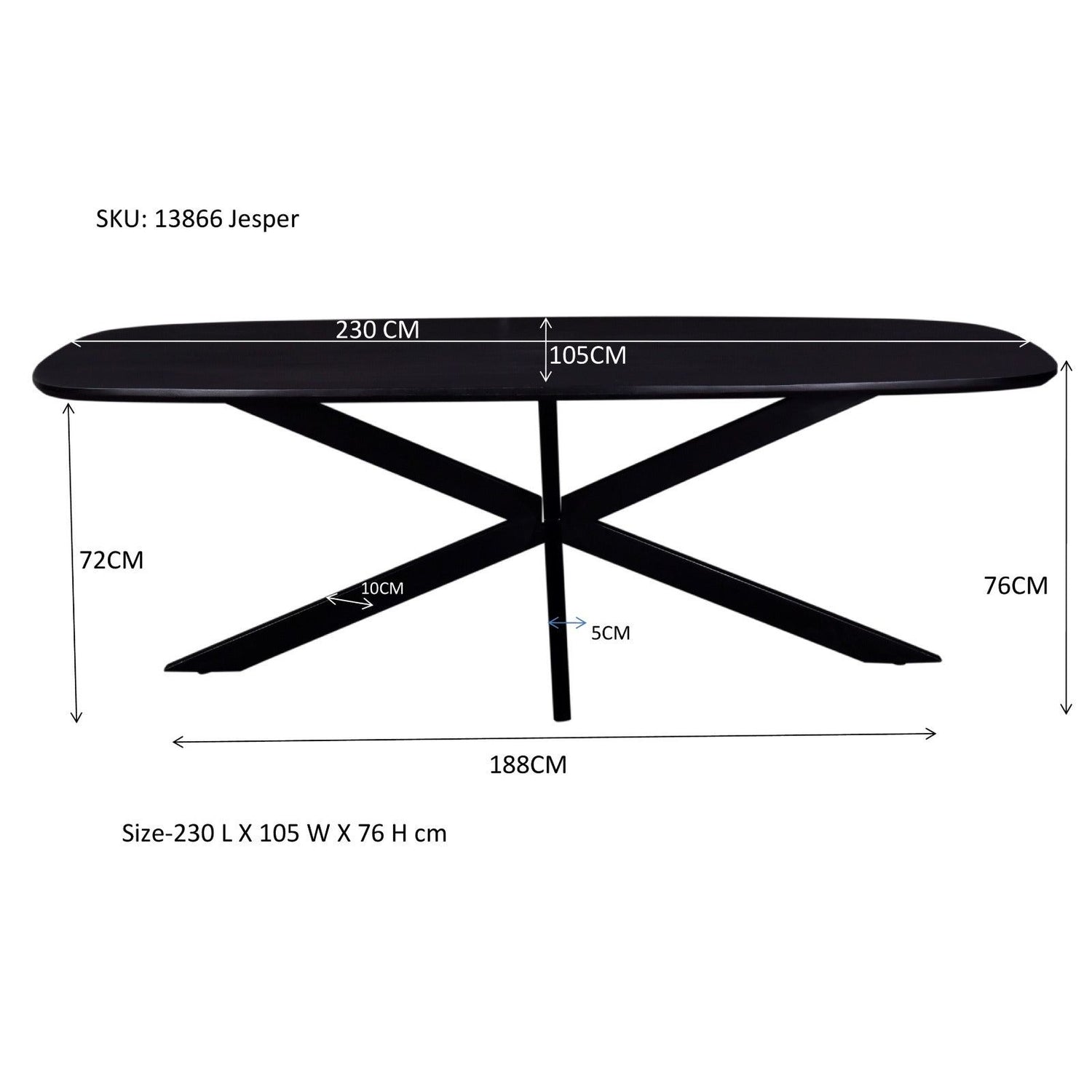 Afmetingen Eettafel Jesper 230cm: L230cm x B105cm x H76cm