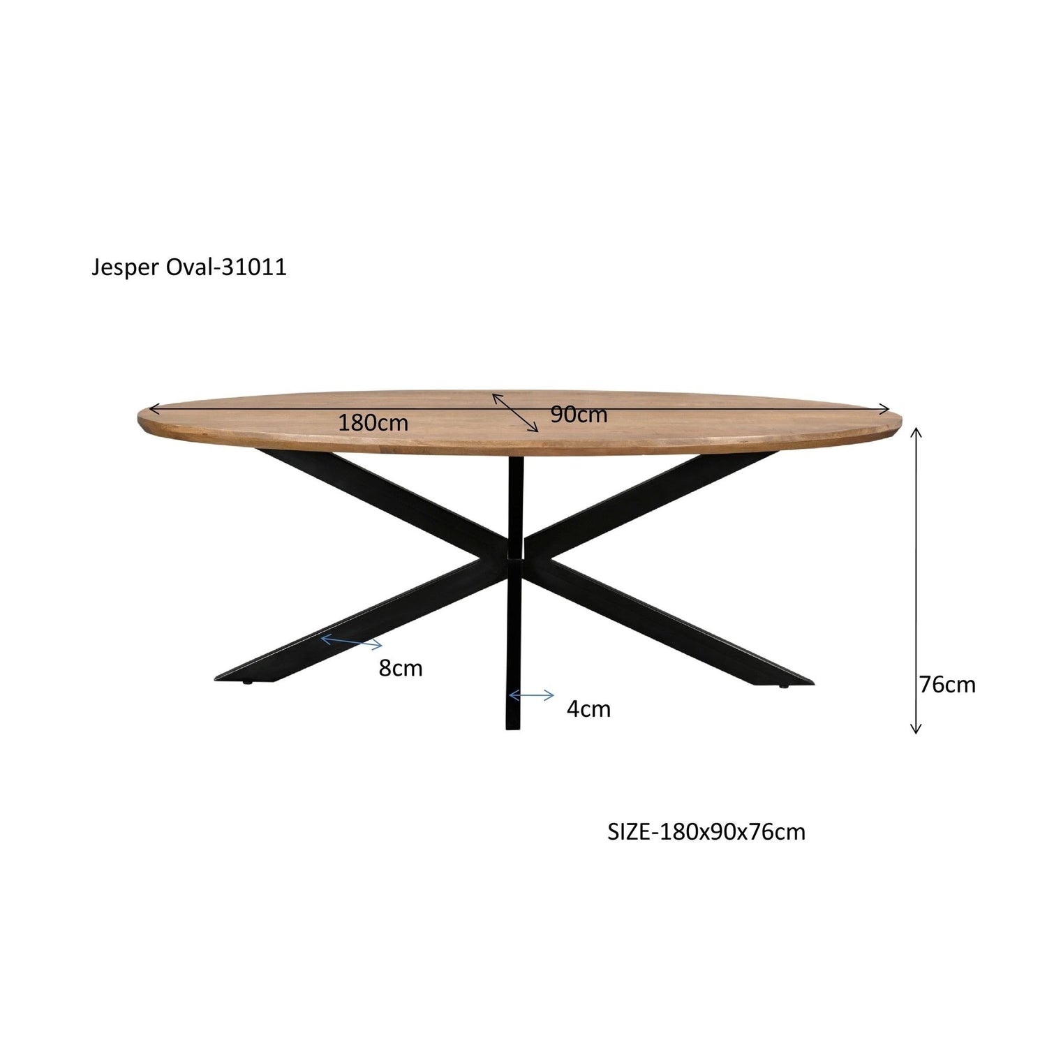 Afmetingen Eettafel Jesper 180cm: L180cm x B90cm x H76cm