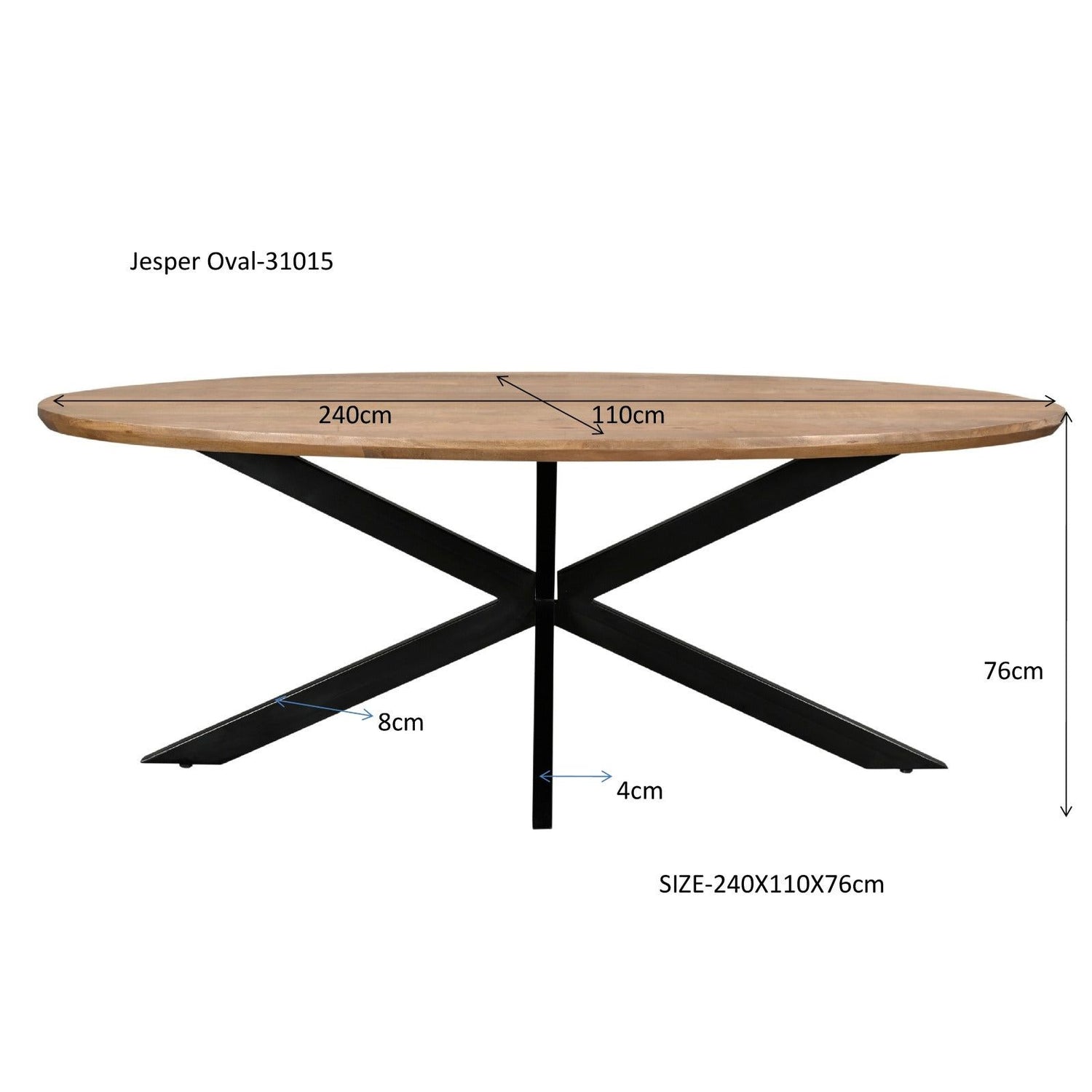 Afmetingen Eettafel Jesper 240cm: L240cm x B110cm x H76cm