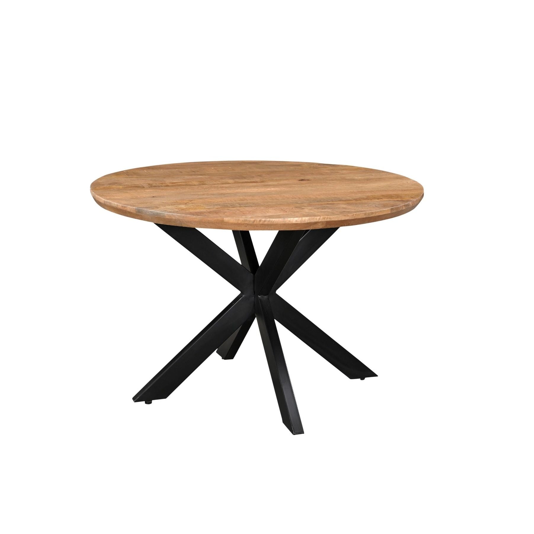 Eettafel Jesper Pecan Ø120cm schuin vooraanzicht met zwart spinpootonderstel