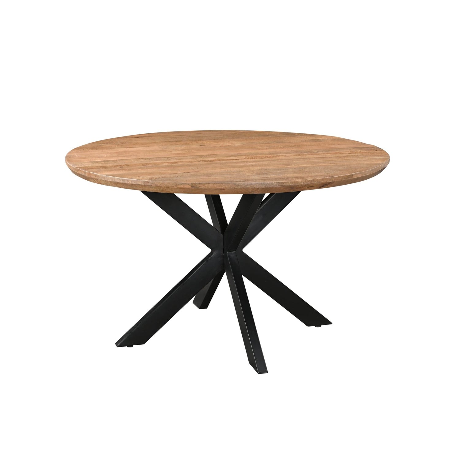 Eettafel Jesper Pecan Ø130cm schuin vooraanzicht met zwart spinpootonderstel