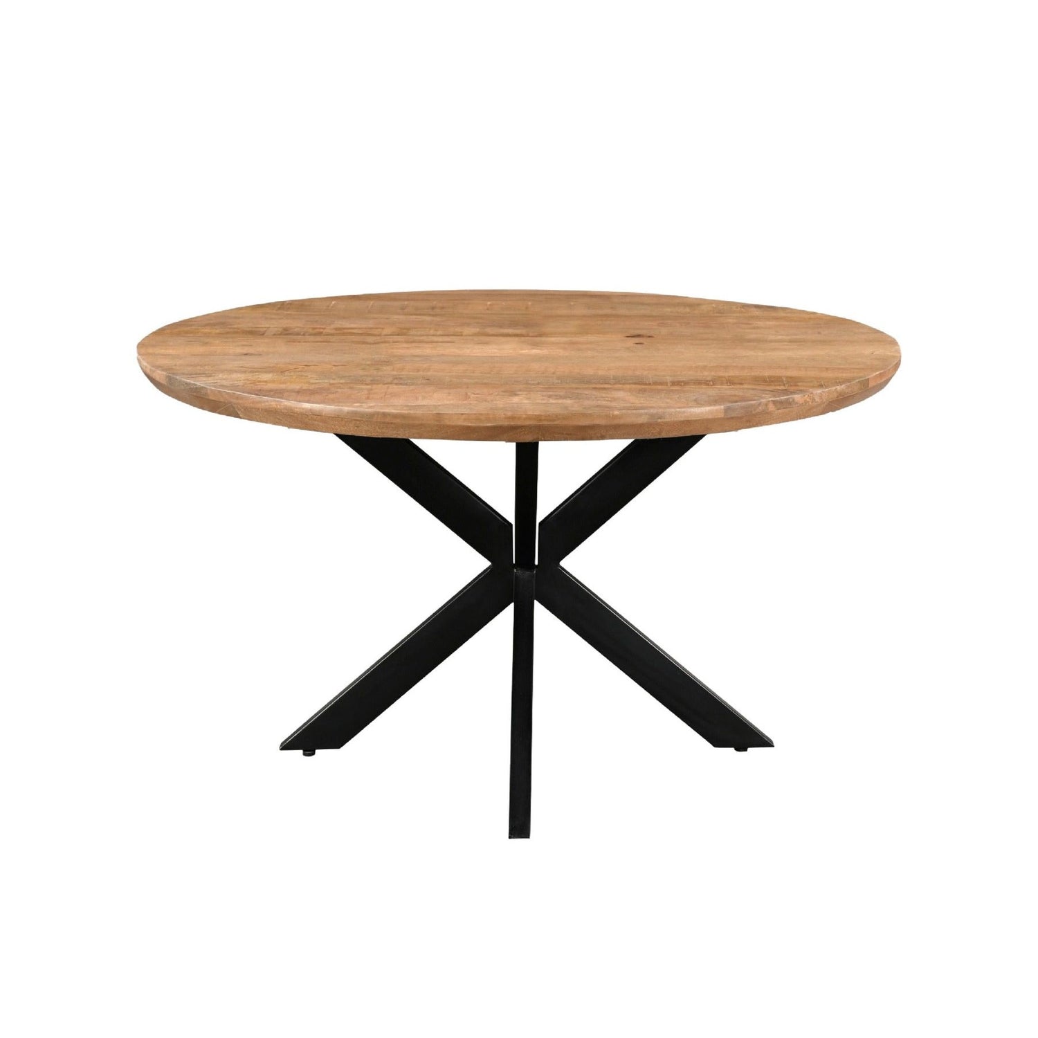 Eettafel Jesper Pecan Ø140cm schuin vooraanzicht met zwart spinpootonderstel
