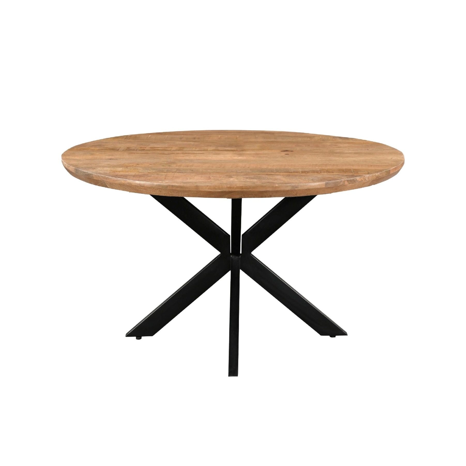 Eettafel Jesper Pecan Ø140cm schuin vooraanzicht met zwart spinpootonderstel