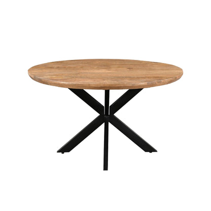 Eettafel Jesper Pecan Ø140cm schuin vooraanzicht met zwart spinpootonderstel