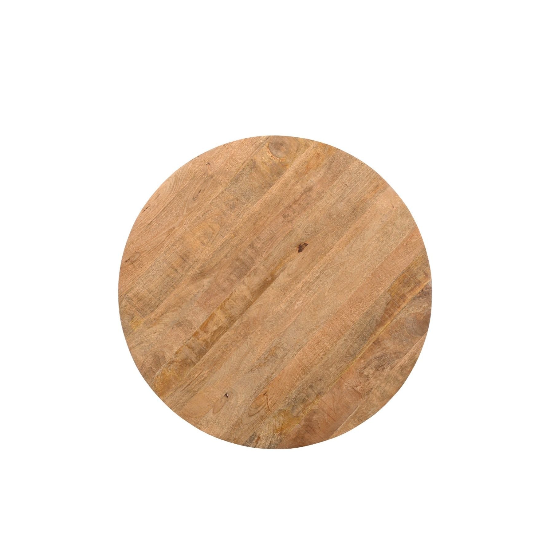 Bovenaanzicht van het mangohouten blad van de eettafel Jesper Pecan Ø140cm