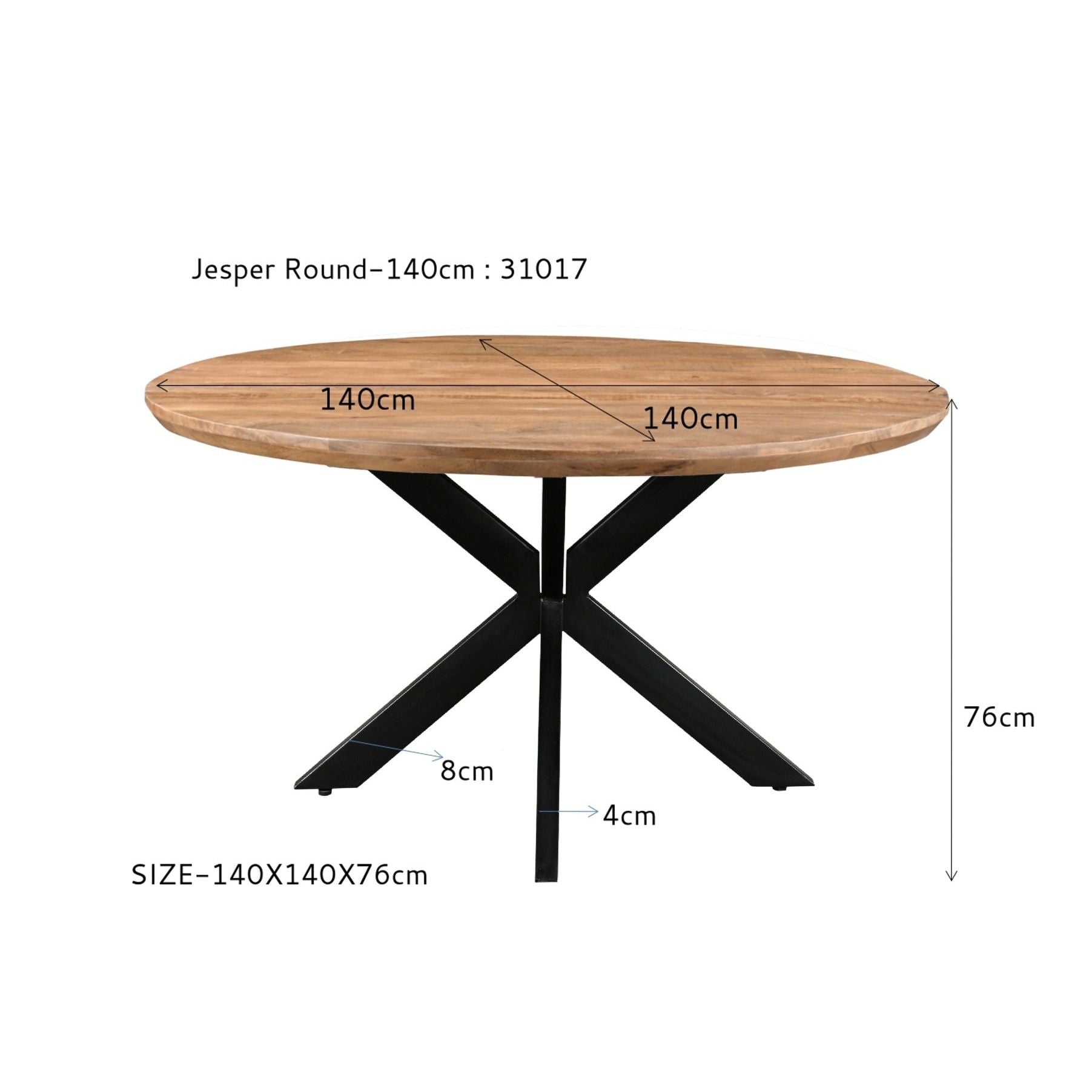 Afmetingen Eettafel Jesper Ø140cm: Ø140cm x H76cm