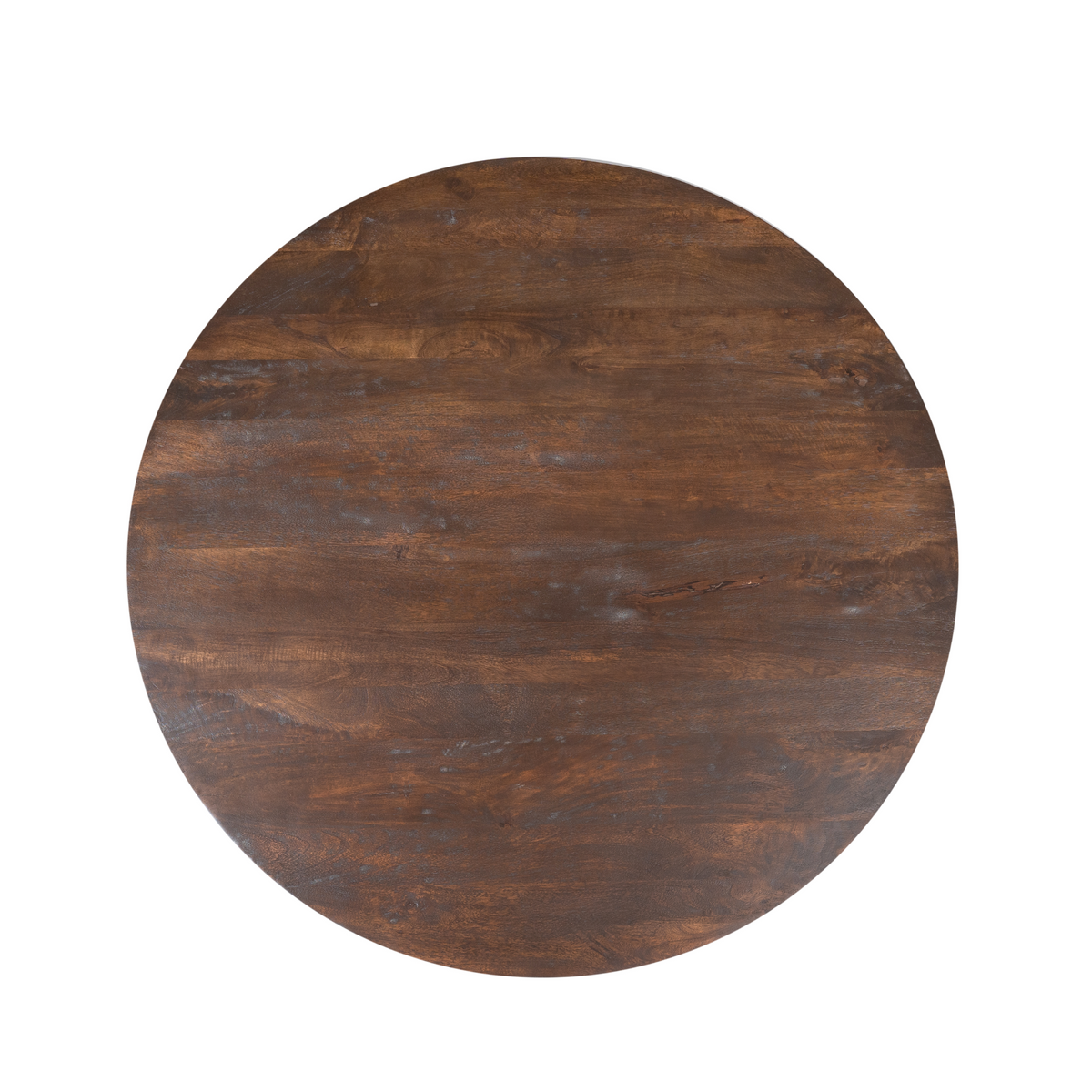 Bovenaanzicht van het ronde bruine mangohouten blad van eettafel Lima