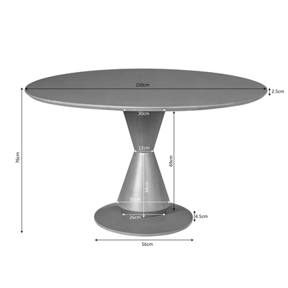 Maatschets van de ronde eettafel Lima van Starfurn met een doorsnede van 150 cm