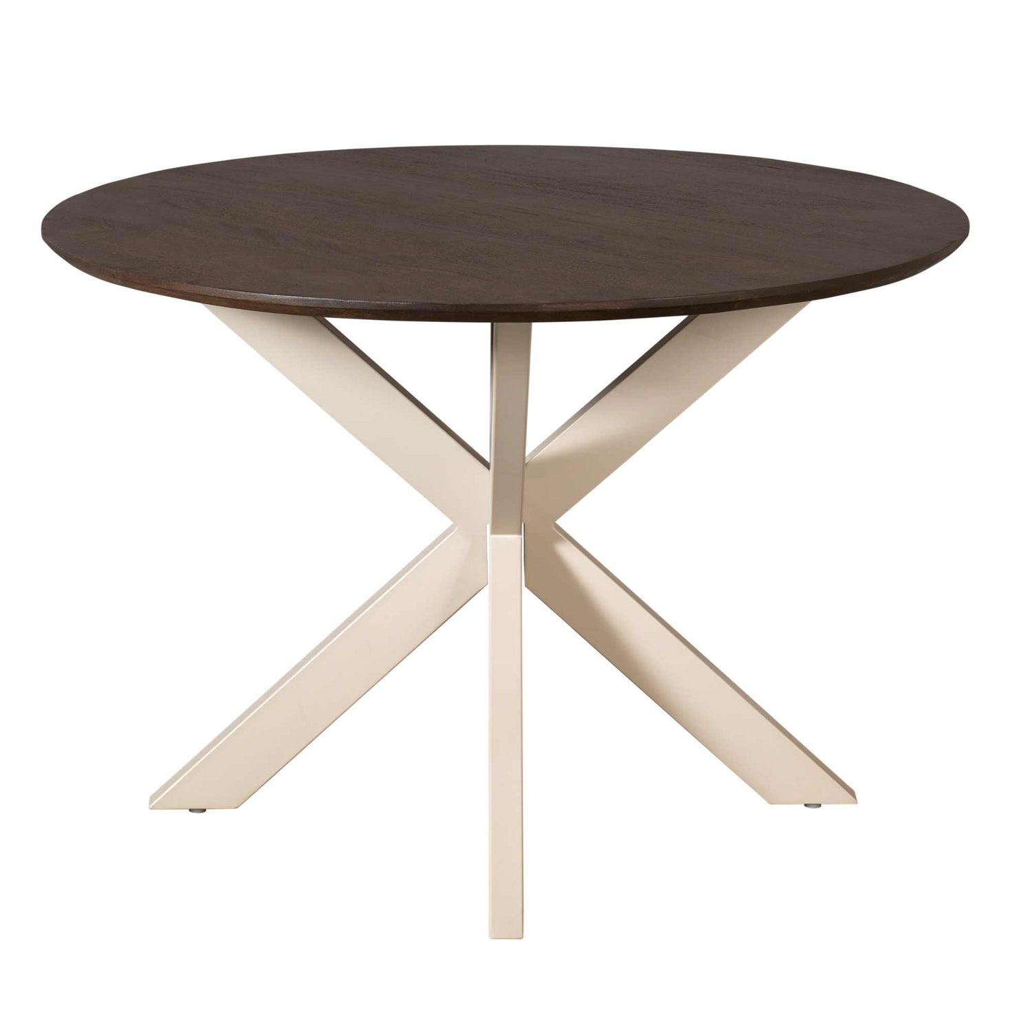Eettafel Madison 110cm van Starfurn schuin van voren met het volledige ronde bruine tafelblad in beeld