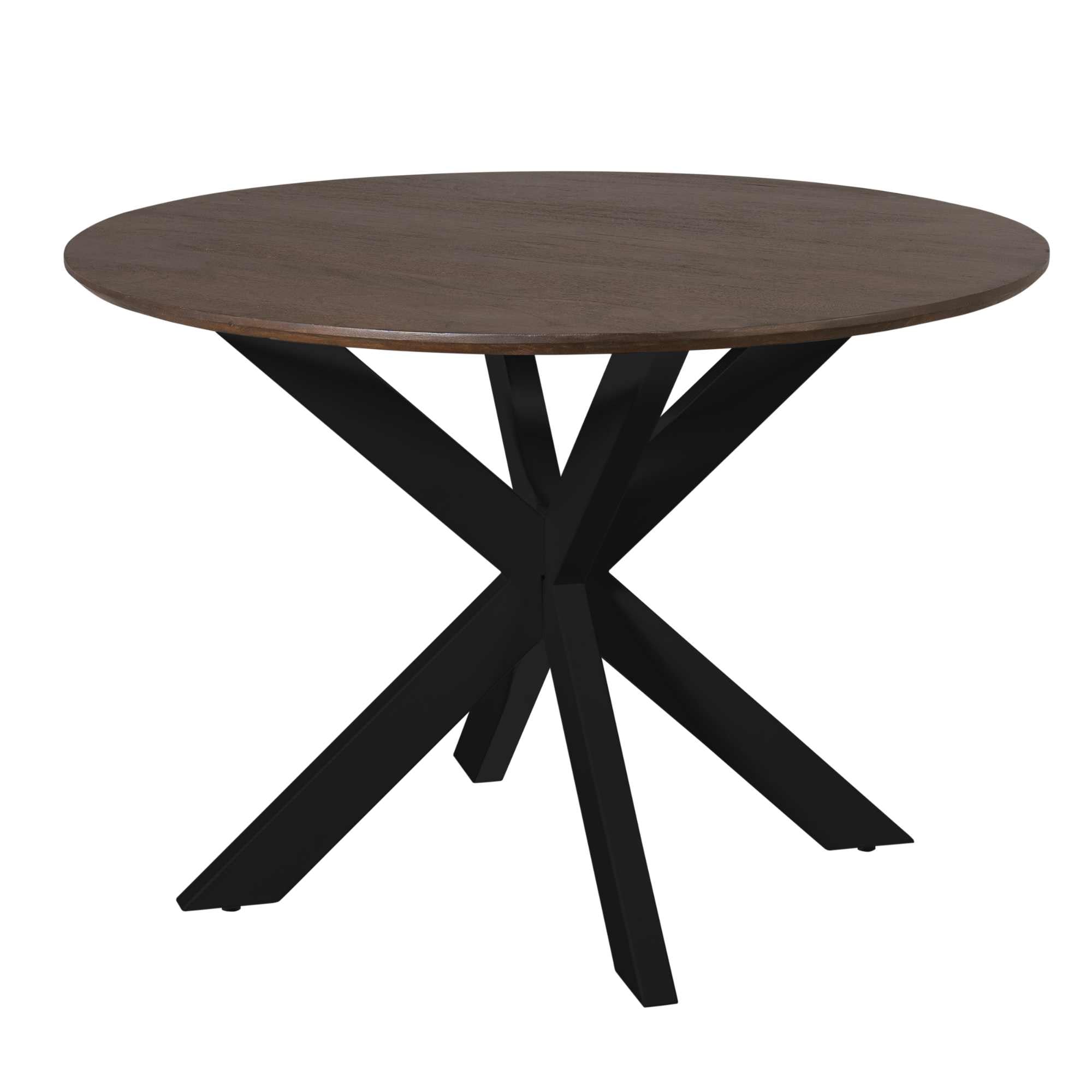 Ronde eettafel Madison 110cm van Starfurn in bruin mangohout met zwarte metalen middenpoot