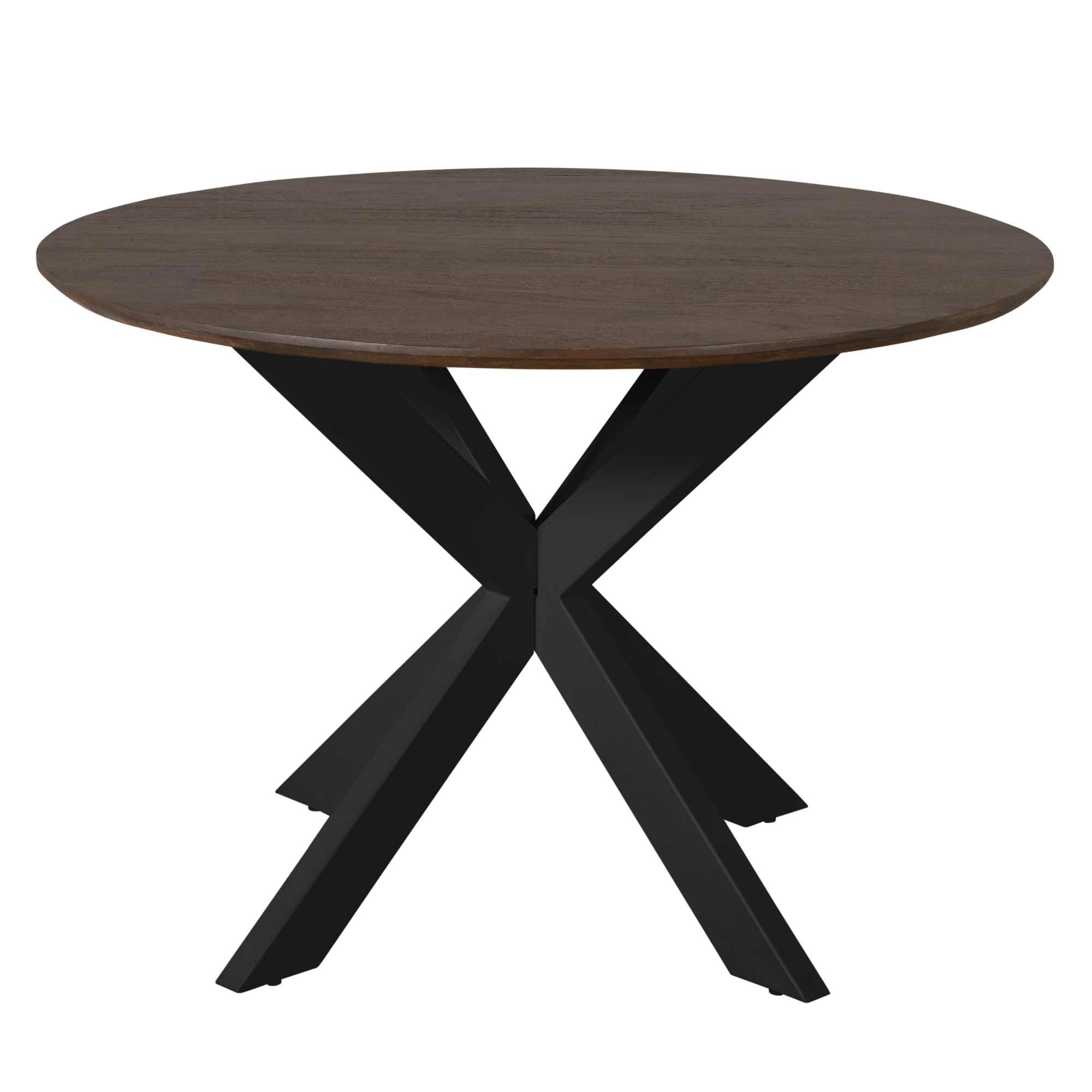 Eettafel Madison 110cm van Starfurn schuin van voren met het ronde bruine blad en de zwarte voet