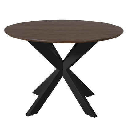 Eettafel Madison 110cm van Starfurn schuin van voren met het ronde bruine blad en de zwarte voet