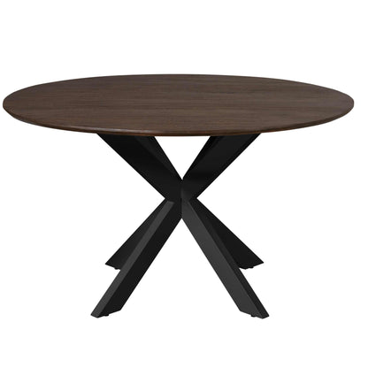 Grote ronde eettafel Madison 150cm van Starfurn schuin van voren met het bruine mangohouten blad