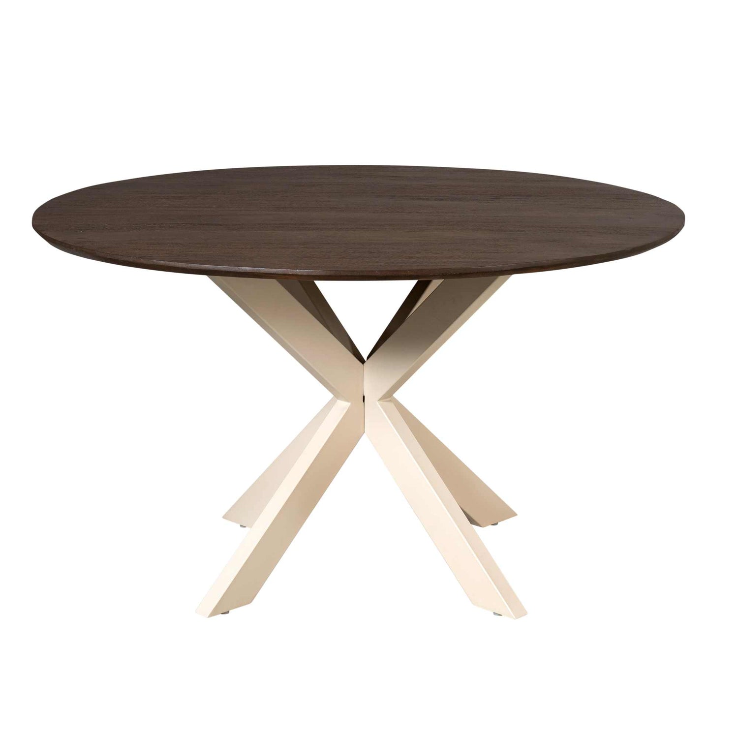 Eettafel Madison 150cm van Starfurn met detail van de zandkleurige metalen voet onder het blad