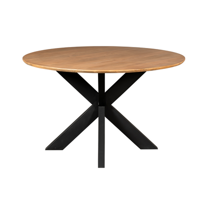Eettafel Madison Mangohout Naturel Rond 110cm van Starfurn met detail van de zwarte metalen tafelpoot