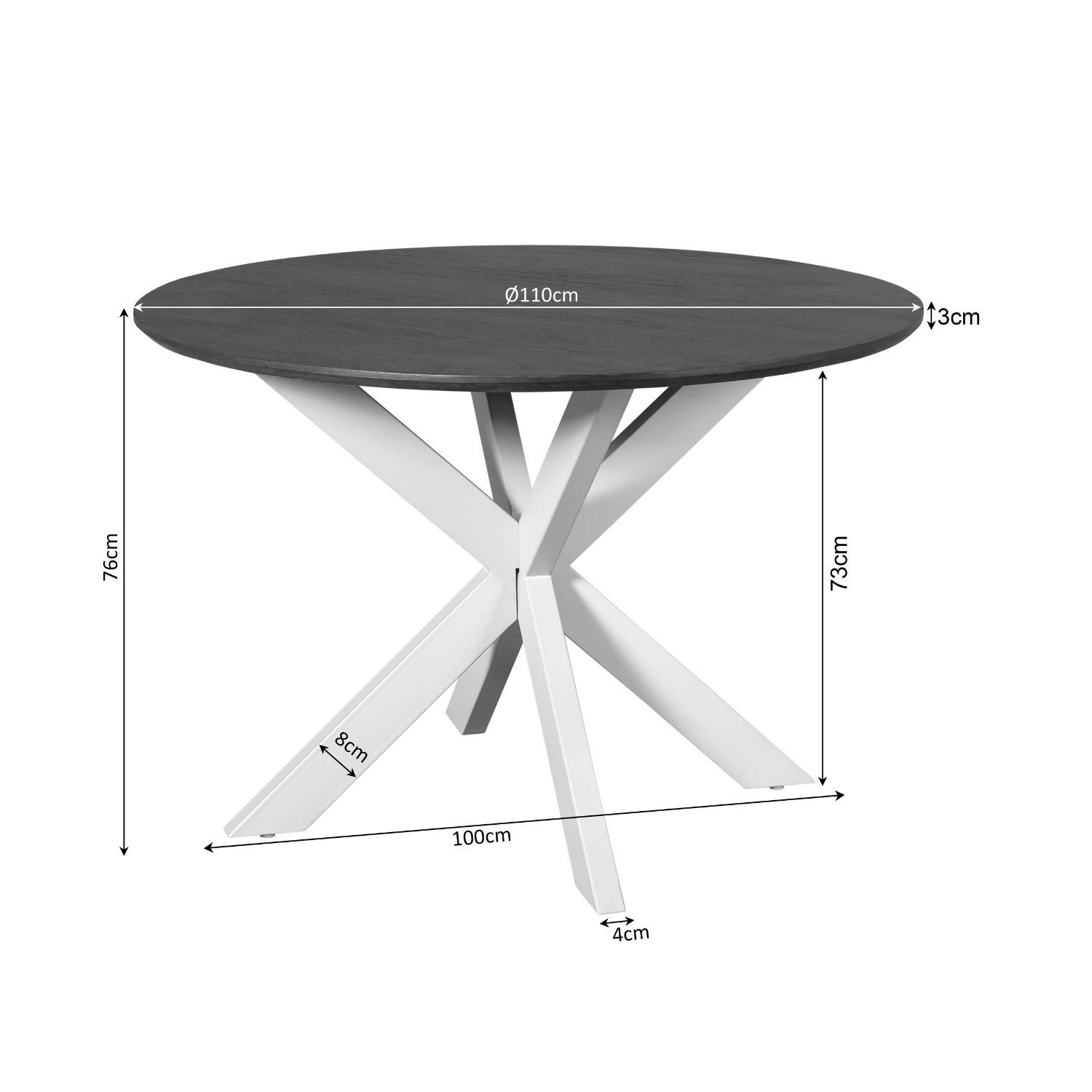 Eettafel Madison Mangohout Naturel Rond 110cm van Starfurn met een blad van 110 cm doorsnede en 76 cm hoog
