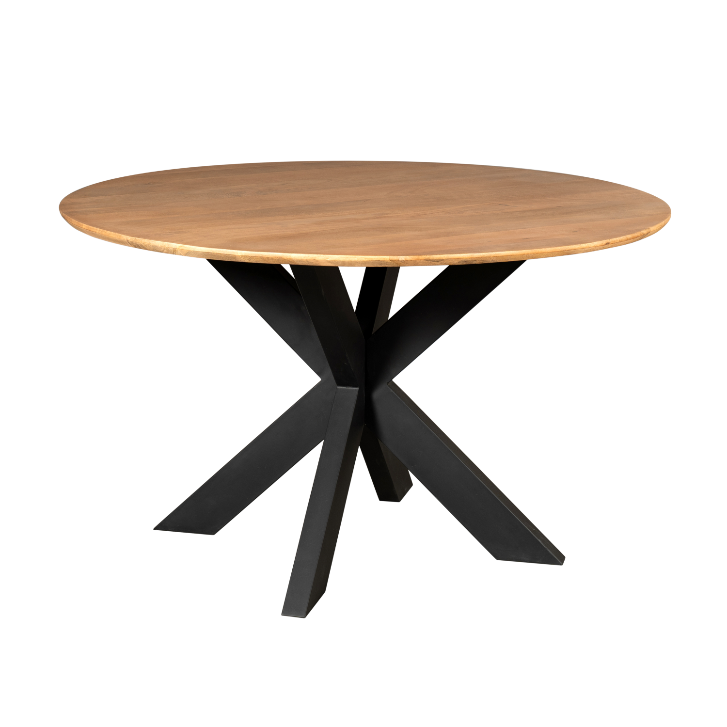 Eettafel Madison Mangohout Naturel Rond 130cm van Starfurn met rond tafelblad van mangohout en zwarte metalen poot