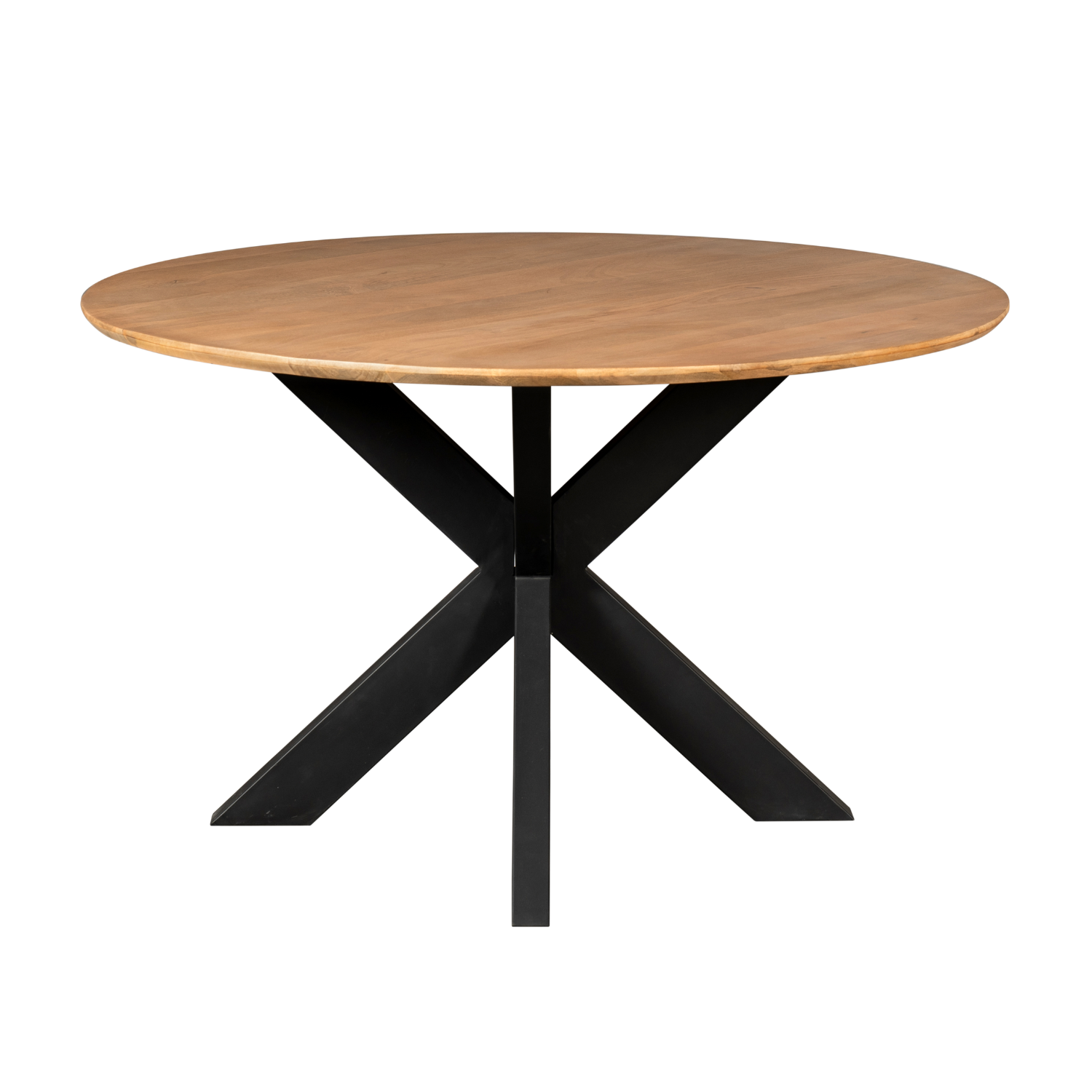 Eettafel Madison Mangohout Naturel Rond 130cm van Starfurn met close-up van de zwarte metalen tafelpoot