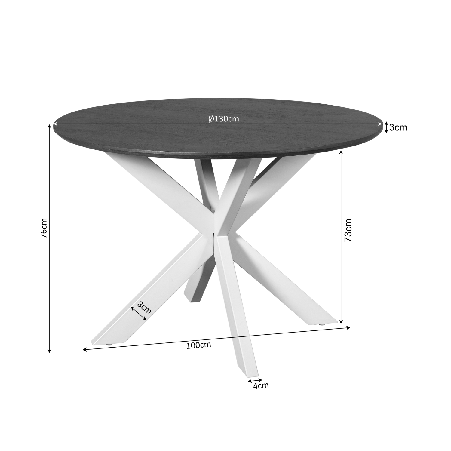 Eettafel Madison Mangohout Naturel Rond 130cm van Starfurn met een doorsnede van 130 cm en tafelhoogte 76 cm