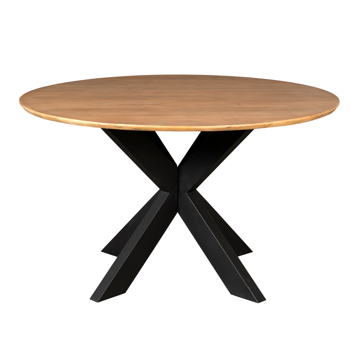 Eettafel Madison Mangohout Naturel Rond 150cm van Starfurn met groot rond mangohouten blad en zwarte poot