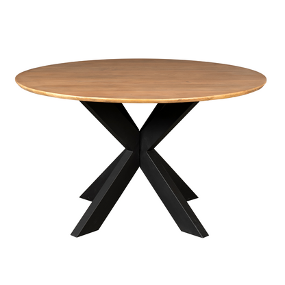 Eettafel Madison Mangohout Naturel Rond 150cm van Starfurn met groot rond mangohouten blad en zwarte poot