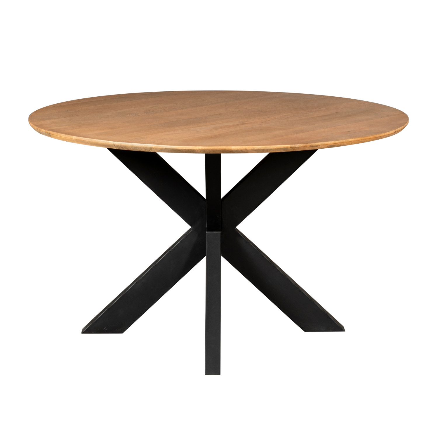 Eettafel Madison Mangohout Naturel Rond 150cm van Starfurn met detailopname van de zwarte metalen tafelpoot