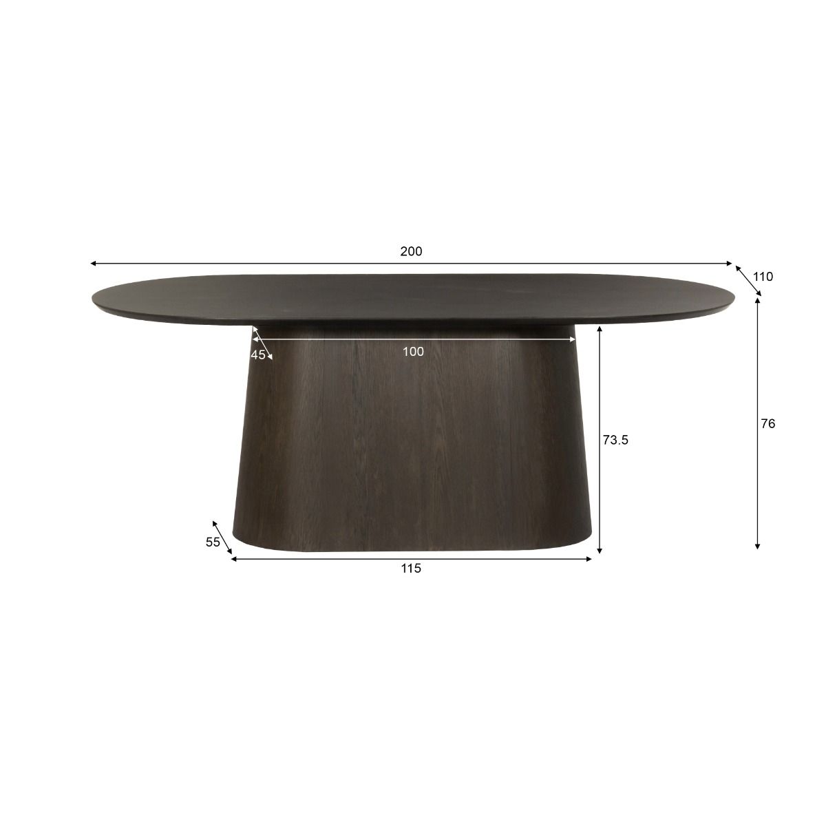 Afmetingen Eettafel Novero 200cm: L200cm x B110cm x H76cm