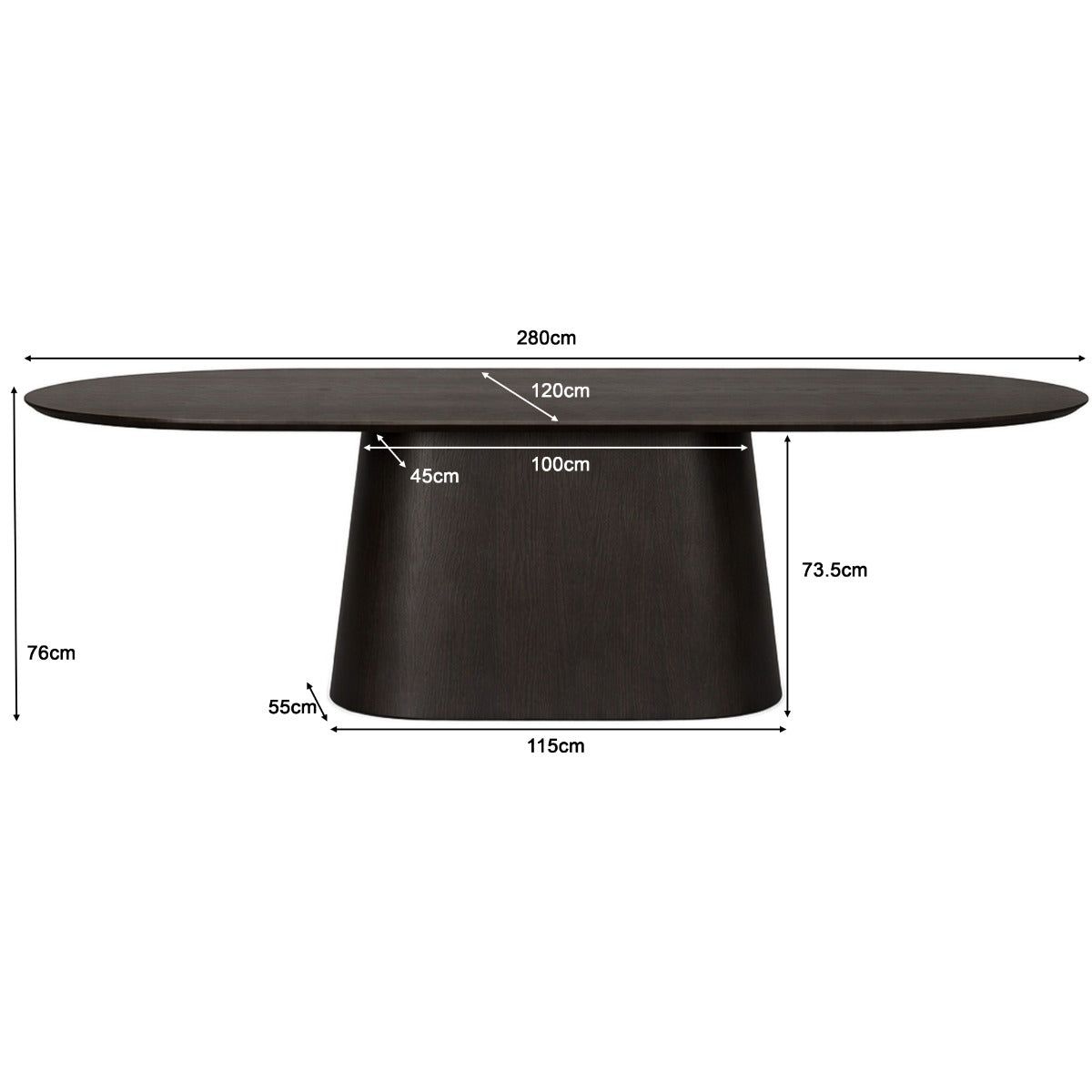 Afmetingen Eettafel Novero 280cm: L280cm x B120cm x H76cm