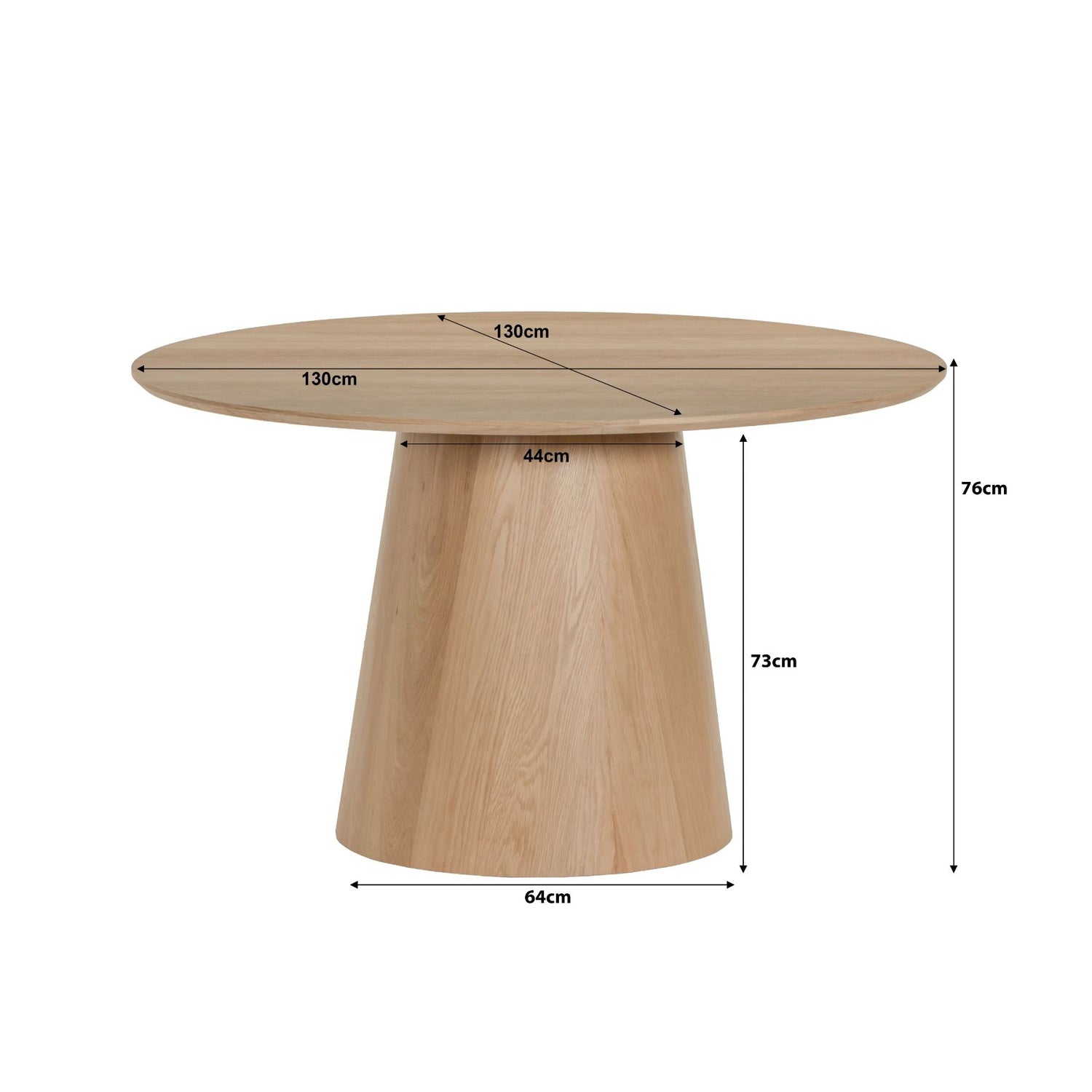Afmetingen Eettafel Novero Ø130cm: Ø130cm x H76cm