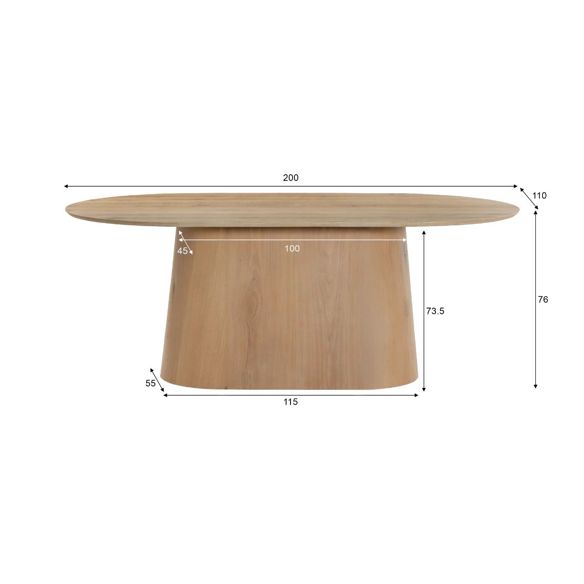Afmetingen Eettafel Novero 200cm: L200cm x B110cm x H76cm