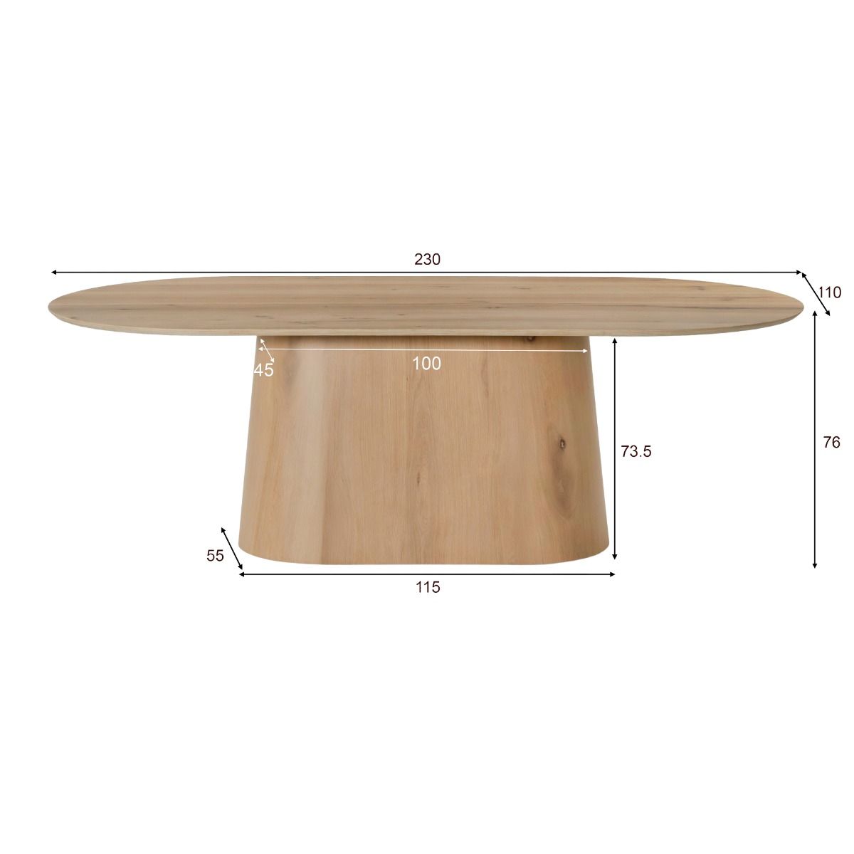 Afmetingen Eettafel Novero 230cm: L230cm x B110cm x H76cm