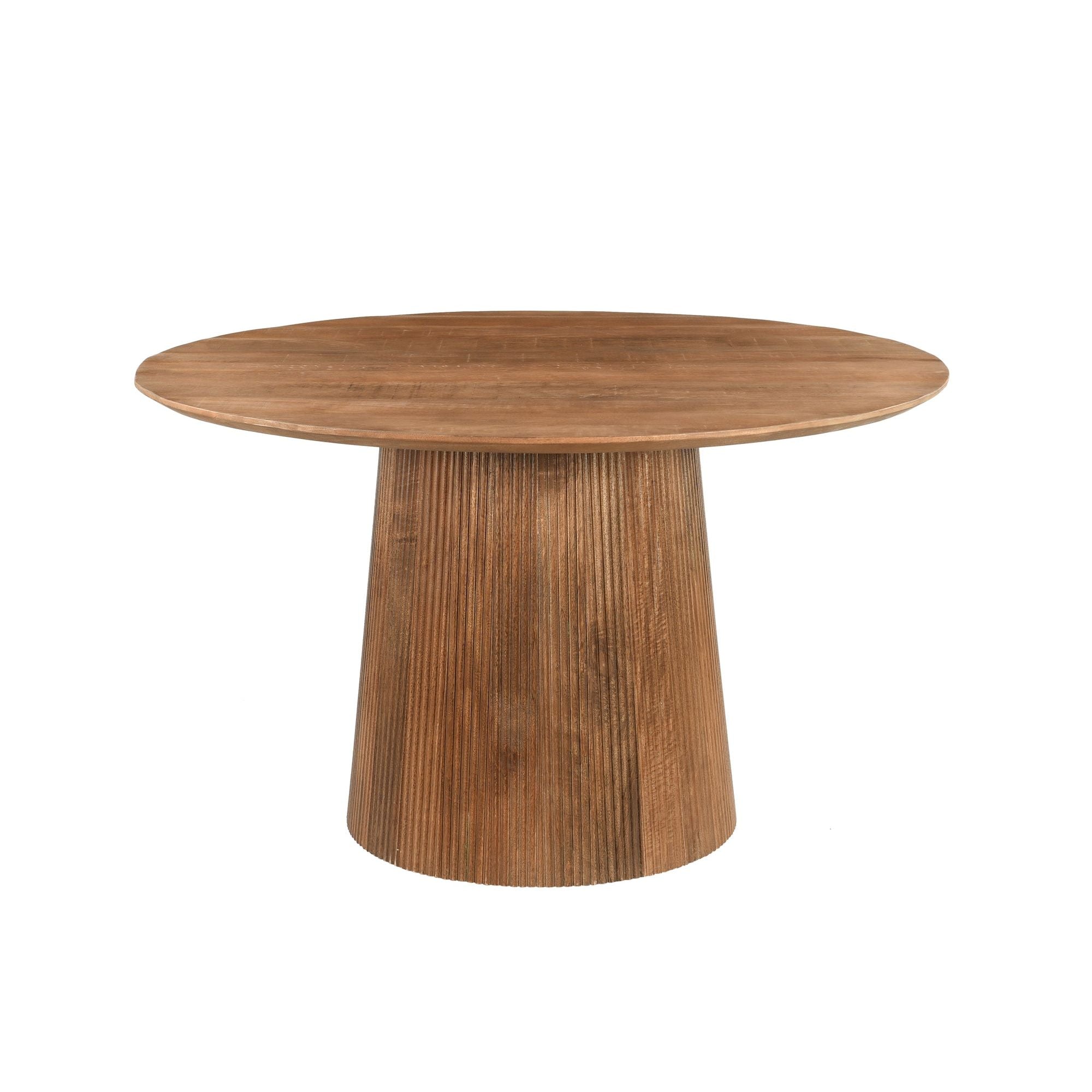 Salvator eettafel Pecan schuin van boven met rond mangohouten blad