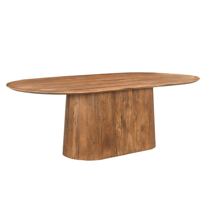 Vooraanzicht van de 230 cm lange Salvator eettafel met twee geribbelde voeten