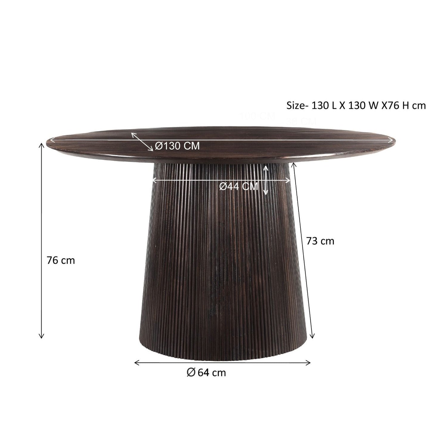 Maatschets van de ronde Salvator eettafel, 130 cm doorsnee en 76 cm hoog
