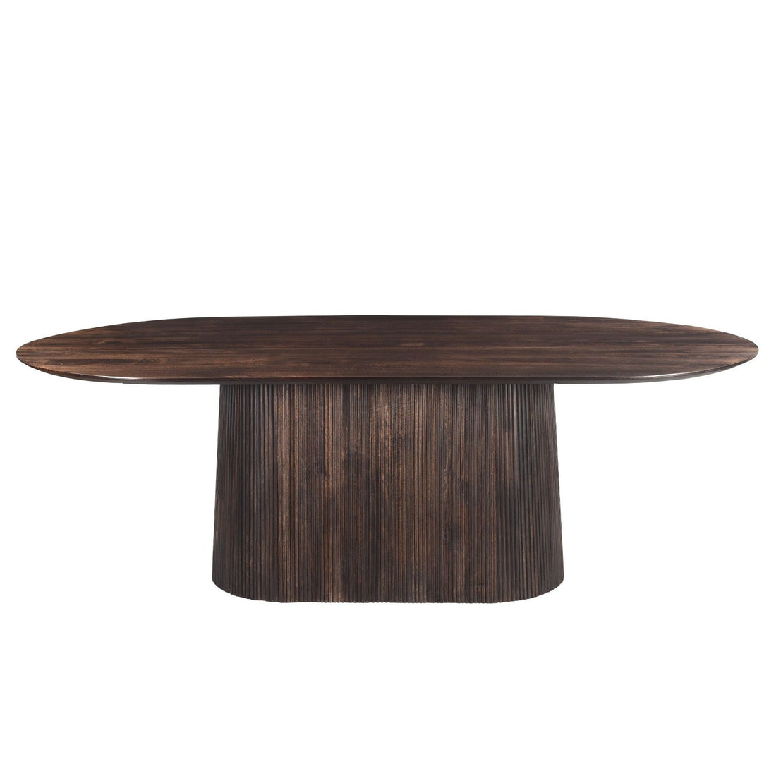 Vooraanzicht van de ovale Salvator eettafel in Walnut met twee geribbelde voeten