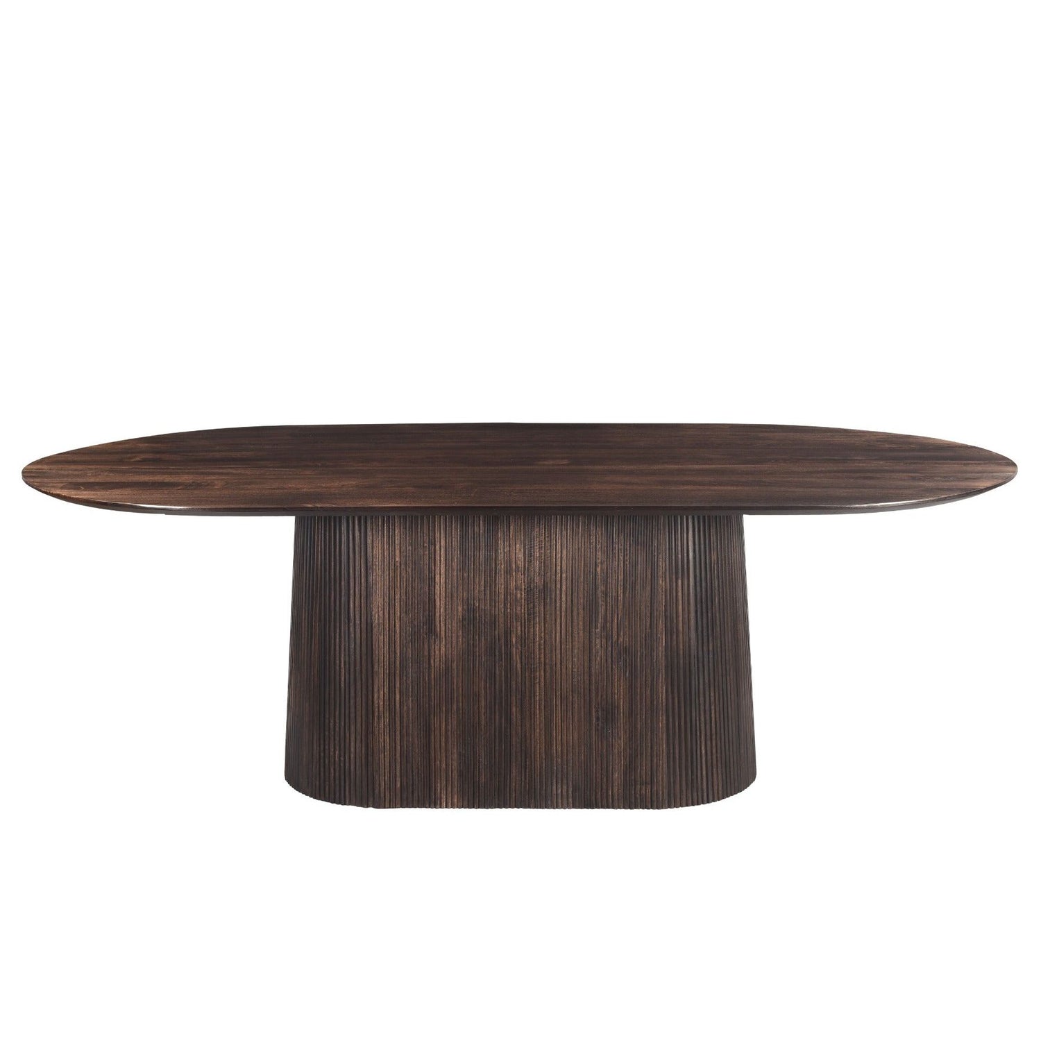 Vooraanzicht van de ovale Salvator eettafel in Walnut met twee geribbelde voeten