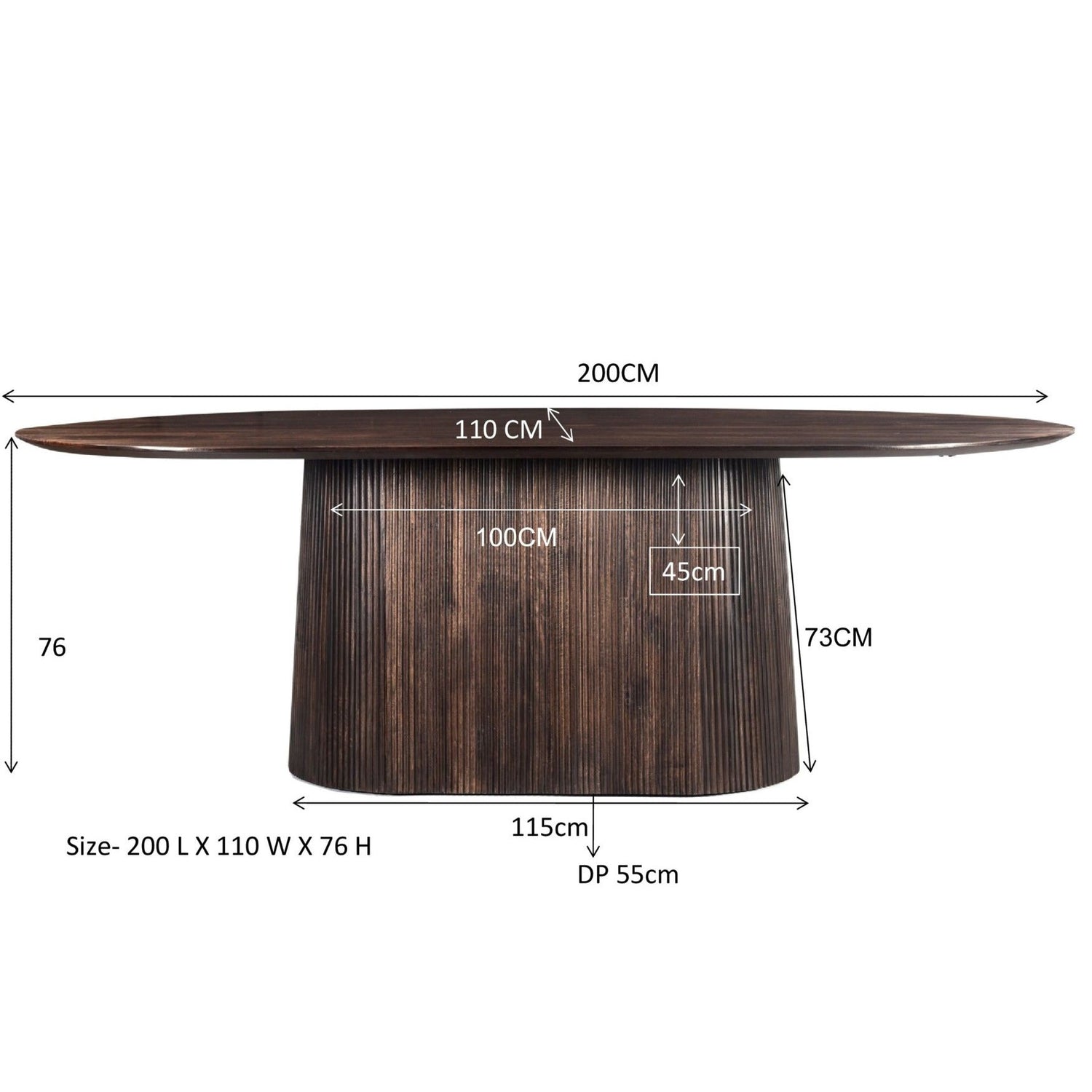 Maatschets van de ovale Salvator eettafel, 200 bij 110 bij 76 cm