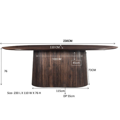 Maatschets van de ovale Salvator eettafel, 230 bij 110 bij 76 cm